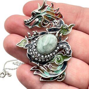 Jade of Yesteryear Womens Necklace Sterling Green Jade Dragon Plique a Jour